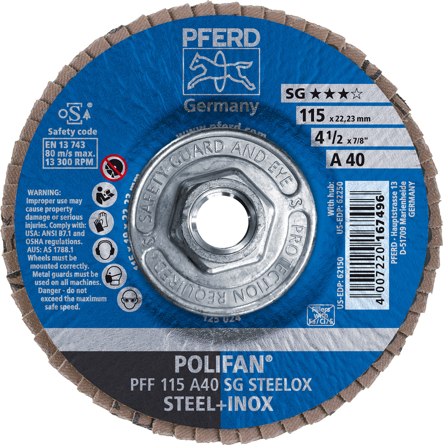 4-1/2" x 5/8-11 Thd. POLIFAN® Flap Disc, A SG STEELOX, Aluminum Oxide, 40 Grit, Flat